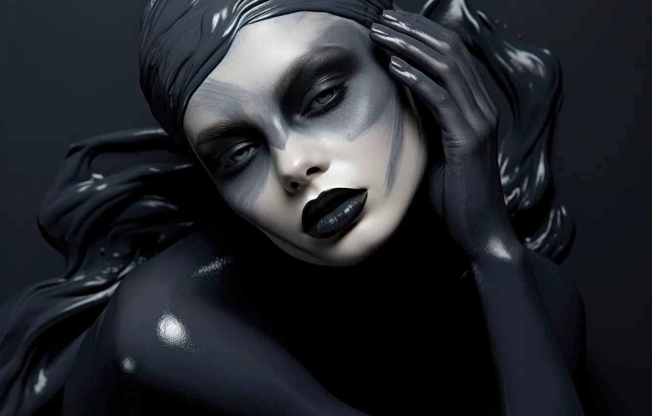 Photo wallpaper girl, face, pose, rendering, portrait, makeup, art, grey background