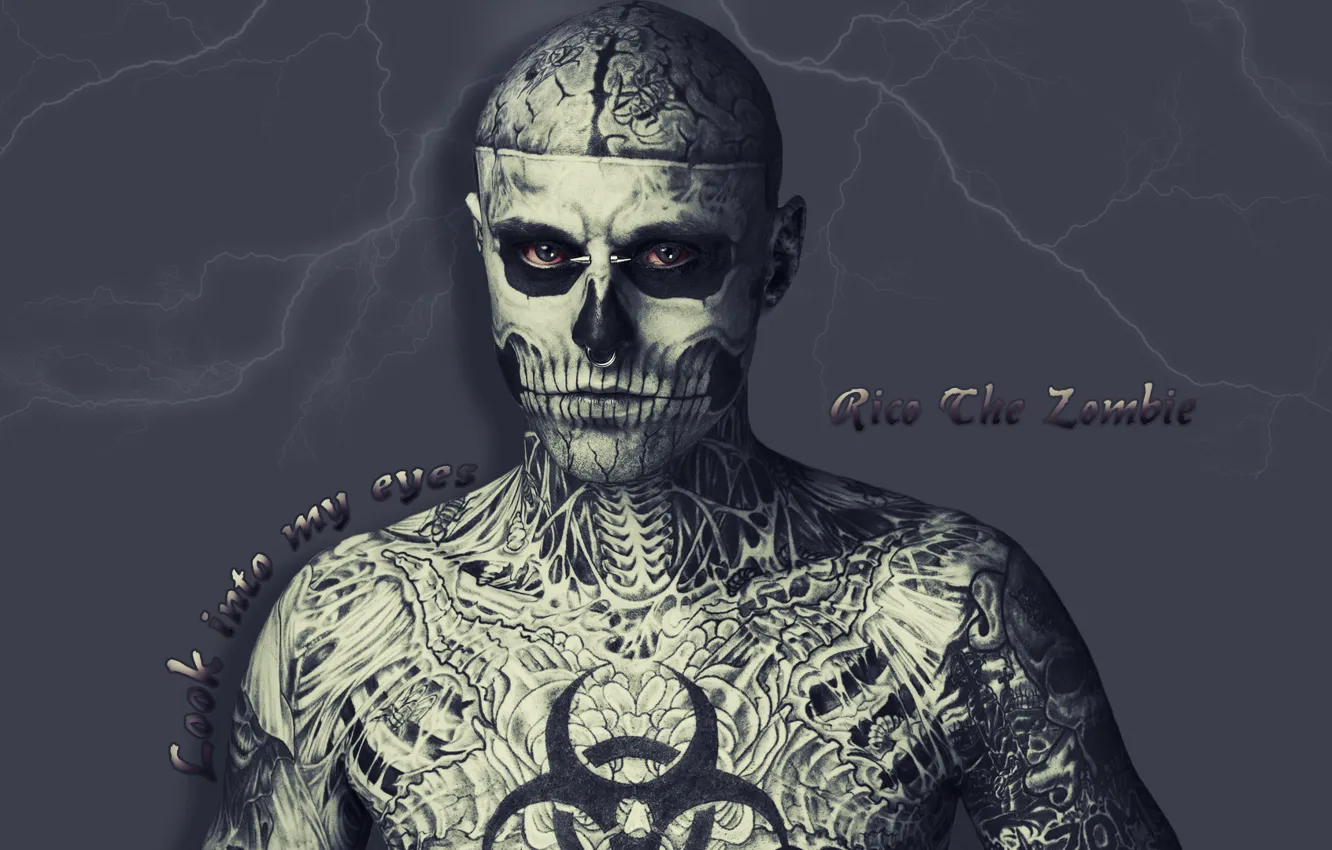 Photo wallpaper eyes, lightning, tattoo, Rico, The zombie, human skeleton