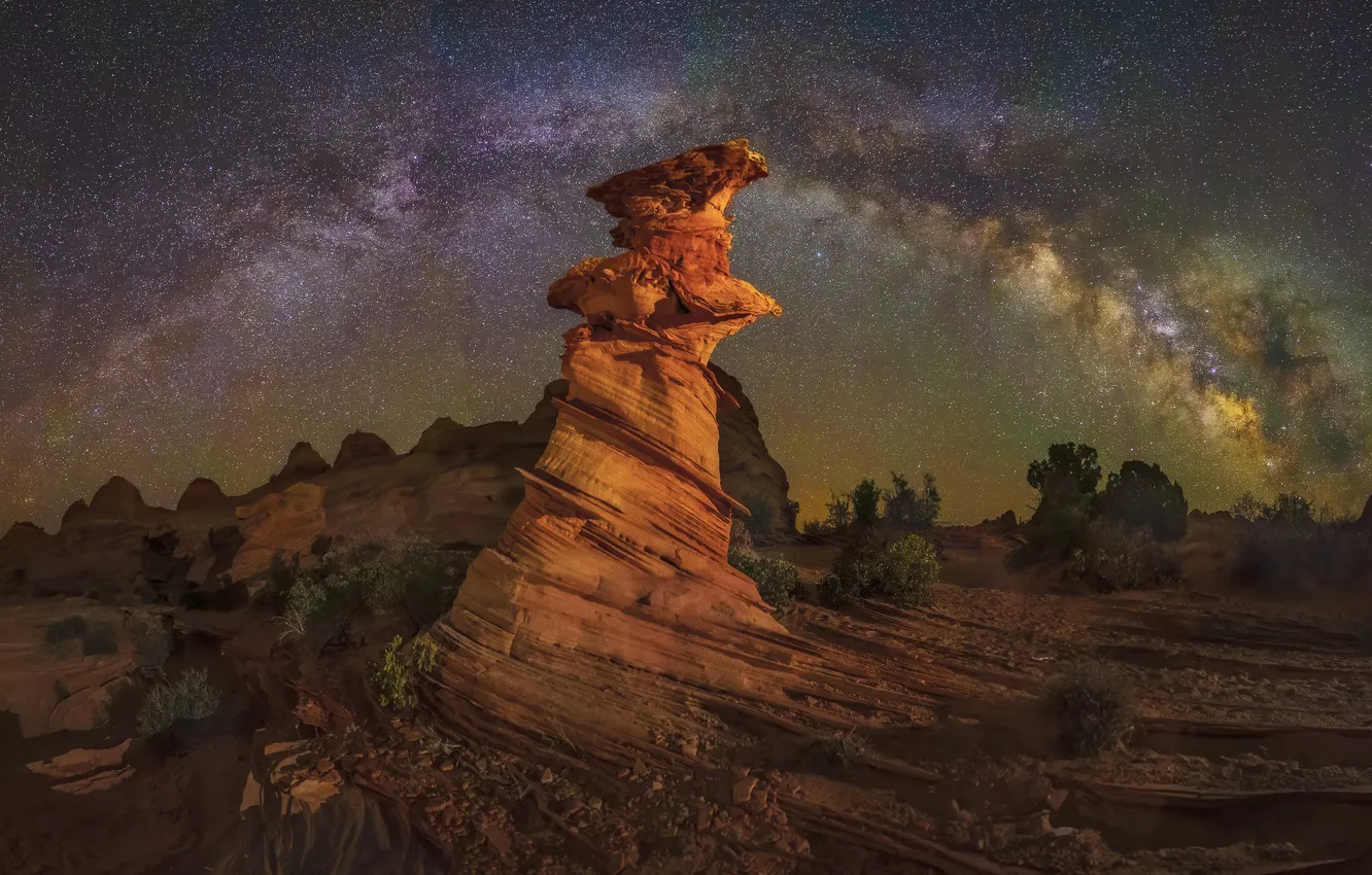 Photo wallpaper the sky, stars, light, mountains, night, stones, rocks, desert