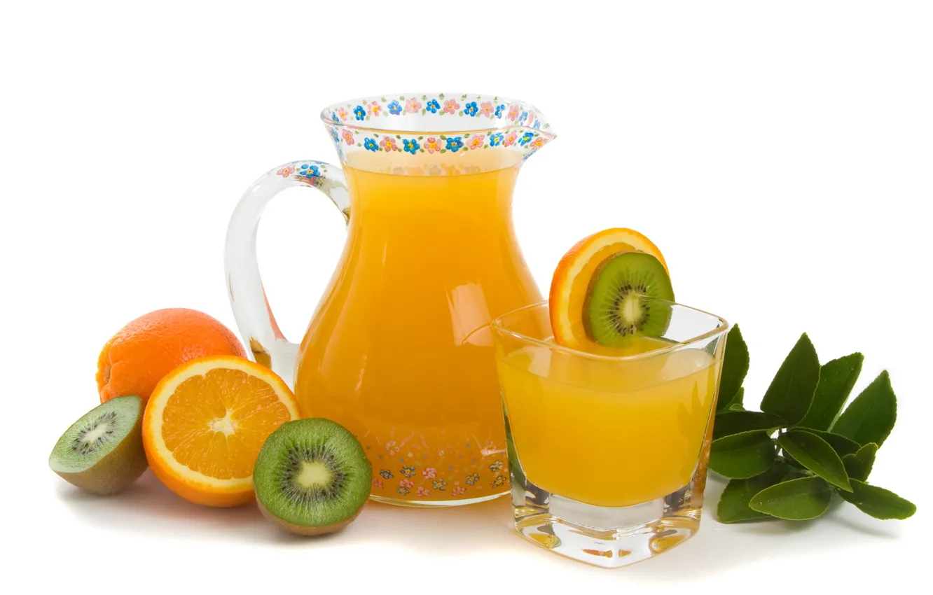 Photo wallpaper freshness, glass, orange, kiwi, juice, decanter