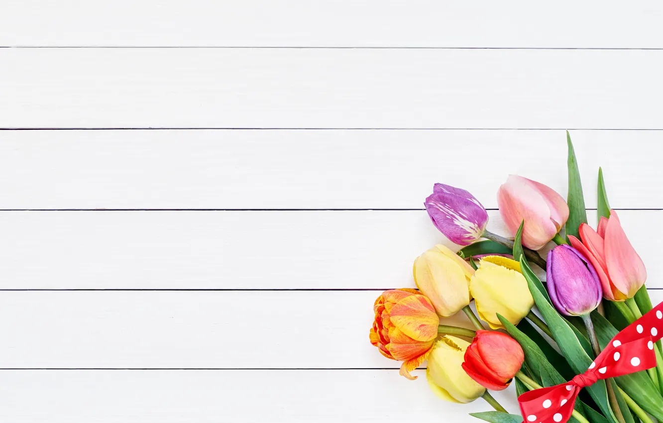 Photo wallpaper flowers, bouquet, colorful, tulips, love, wood, flowers, beautiful
