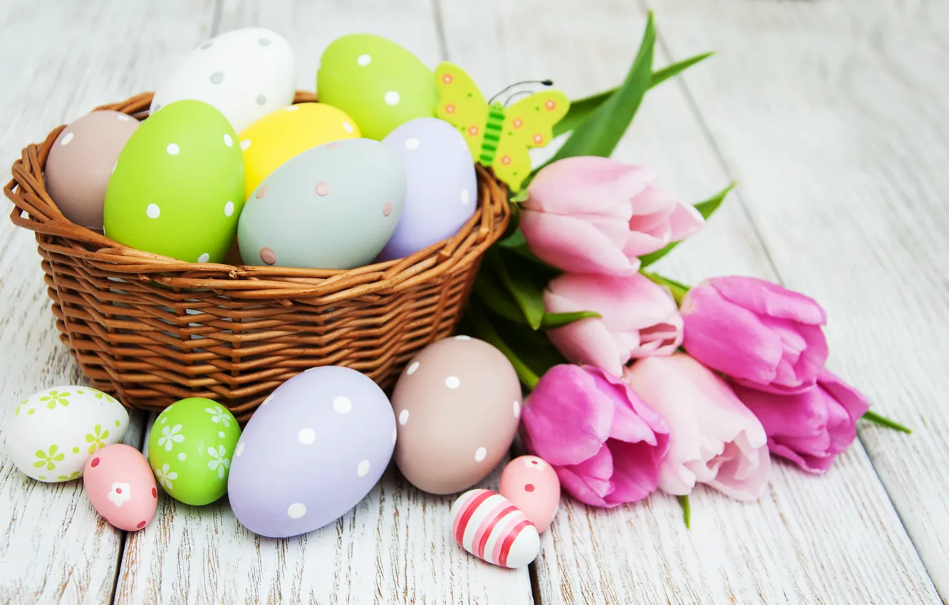 Photo wallpaper flowers, eggs, spring, colorful, Easter, tulips, wood, pink
