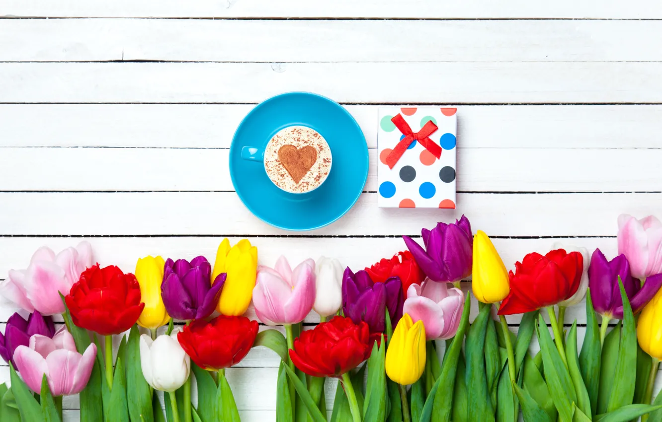 Photo wallpaper flowers, heart, colorful, tulips, heart, wood, cup, romantic