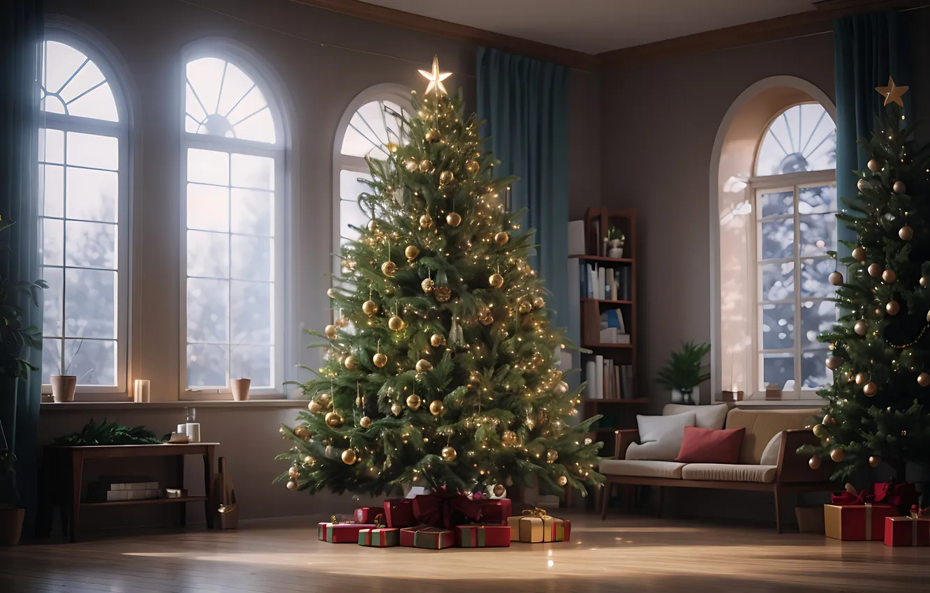 Photo wallpaper decoration, room, gift, tree, new year, interior, Christmas, Christmas