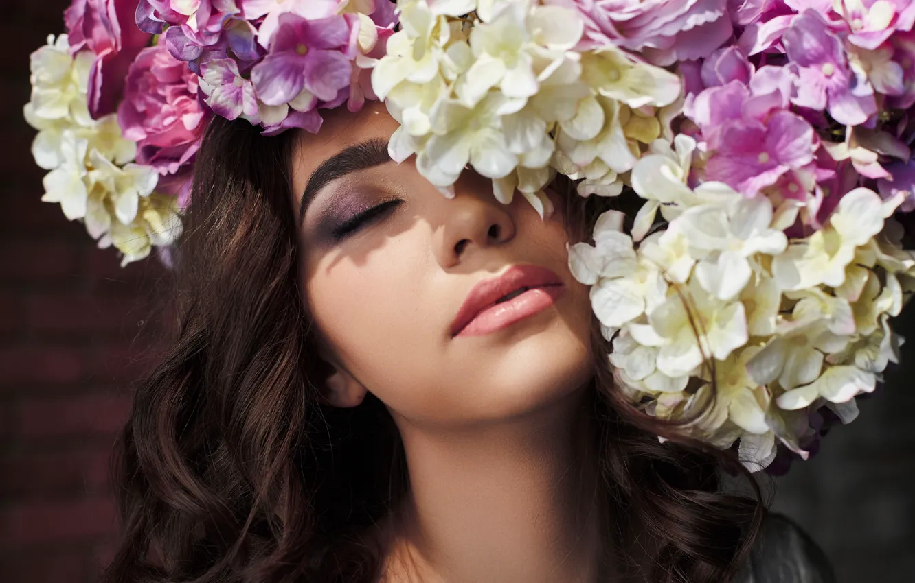 Photo wallpaper flowers, face, mood, makeup, hydrangea, closed eyes, Aliya, Vadim Mironov