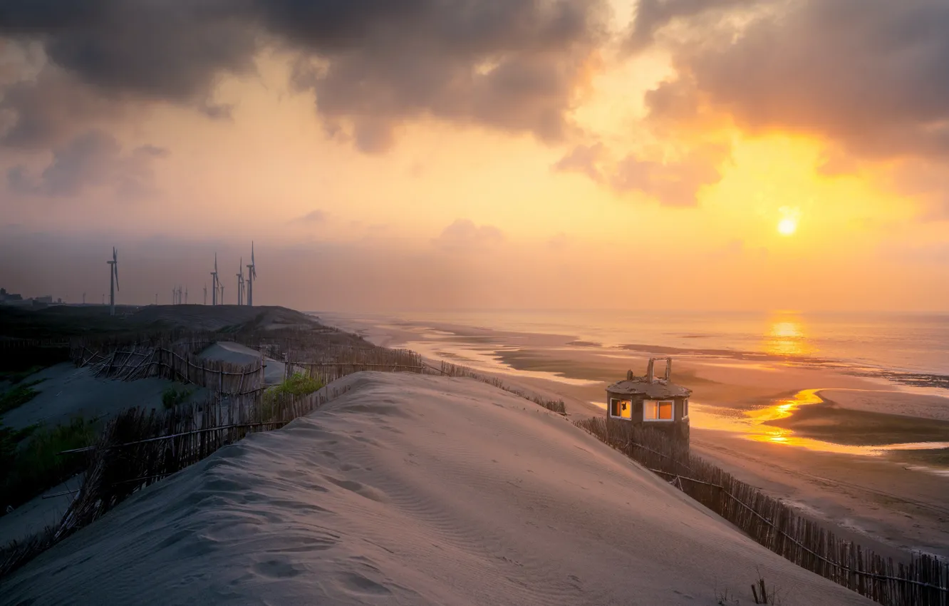Photo wallpaper sea, sunset, shore, windmills