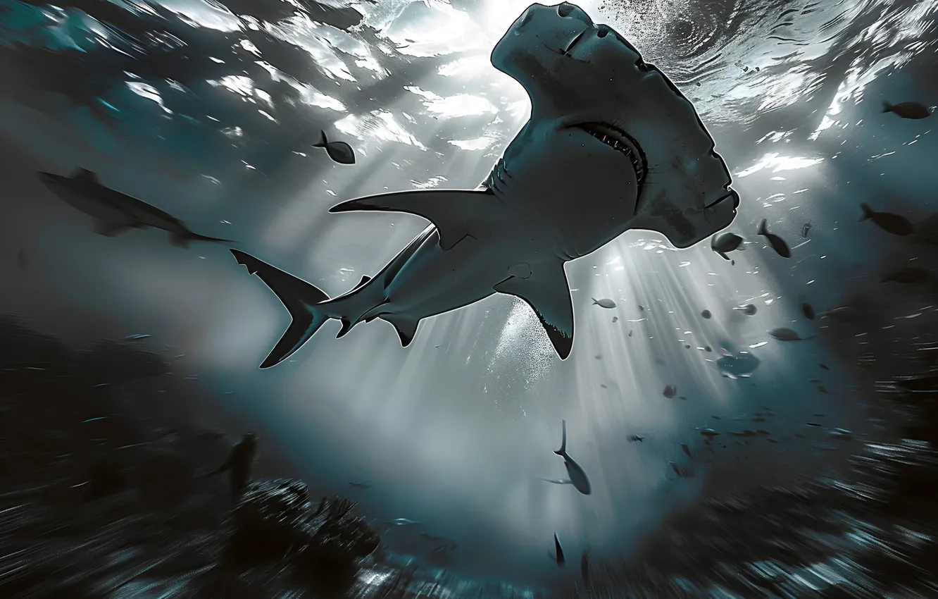 Photo wallpaper predator, shark, underwater world, digital art, hammerheads, AI art, The Art of Artificial Intelligence, neural …