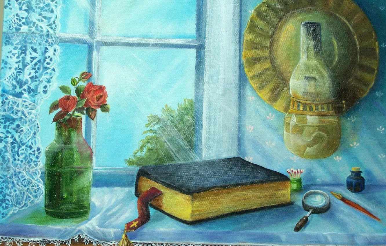 Photo wallpaper light, roses, window, art, kerosene stove, book, still life, the Bible