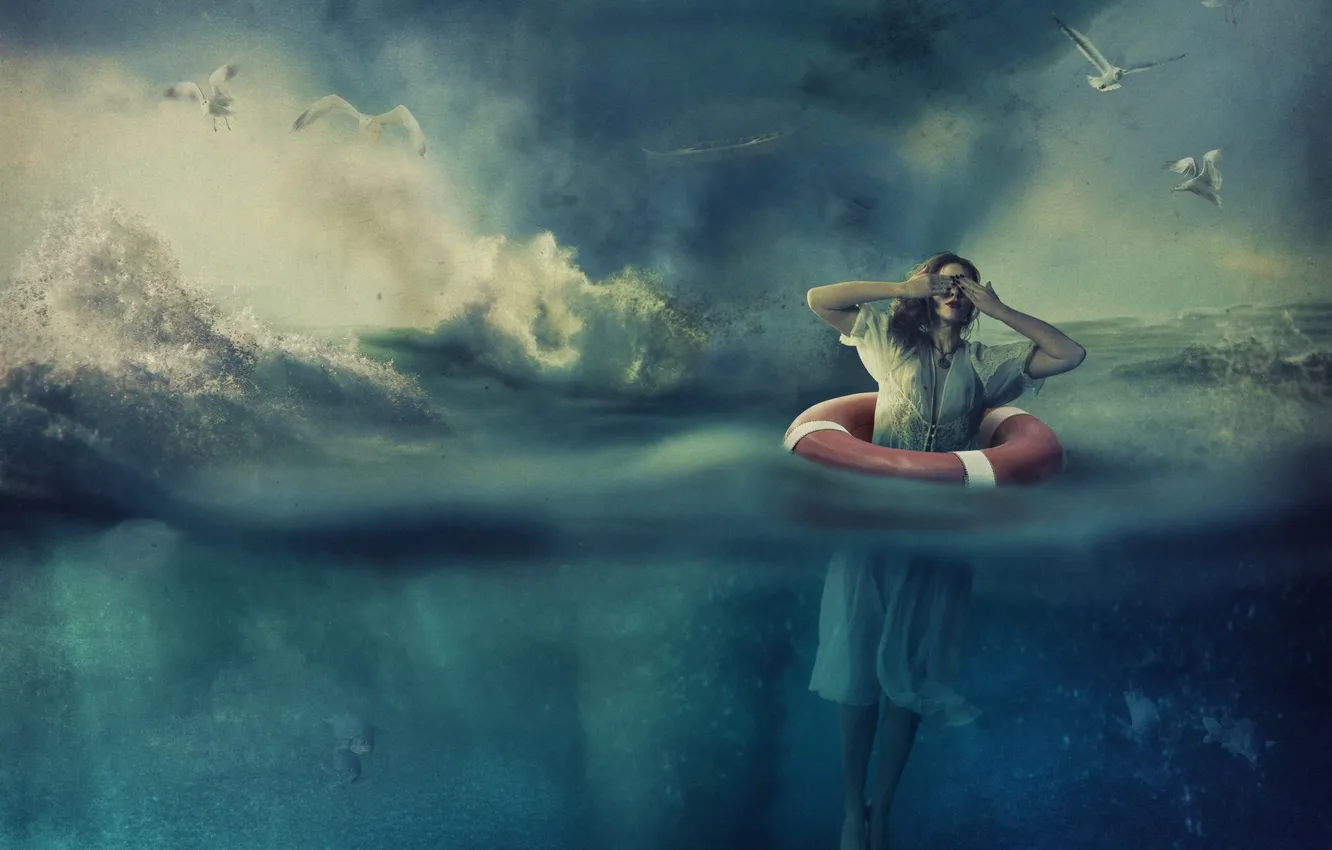 Photo wallpaper sea, wave, girl, creative, bird, seagulls, fish, brown hair