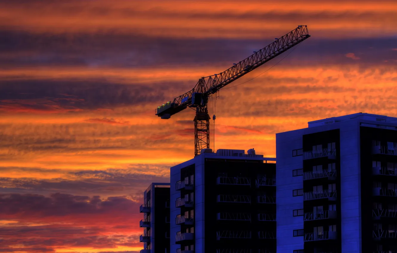 Photo wallpaper the sky, sunset, the city, home, crane