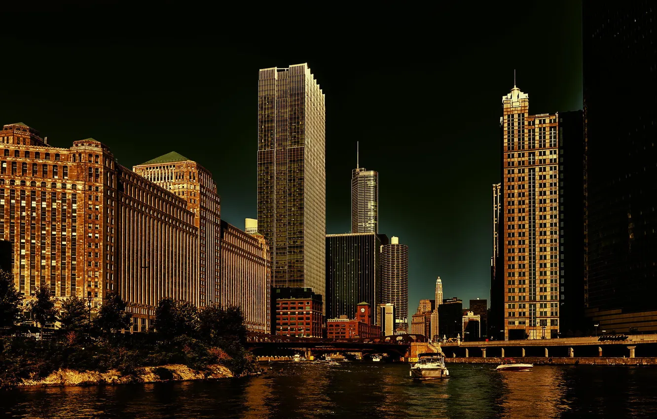 Photo wallpaper river, building, skyscrapers, Chicago, USA, Chicago, Illinois, megapolis