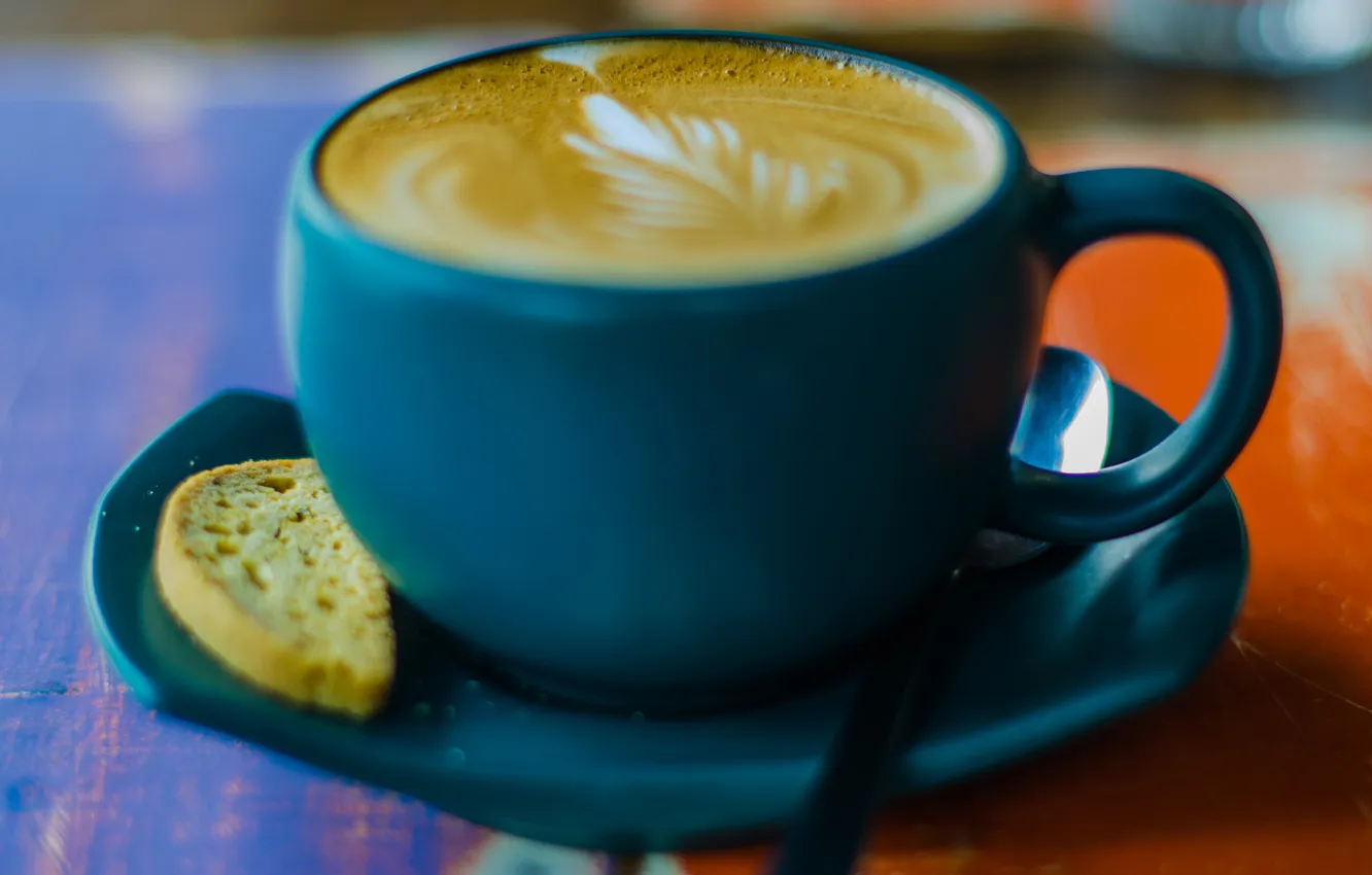 Photo wallpaper blue, coffee, spoon, mug, Cup, saucer
