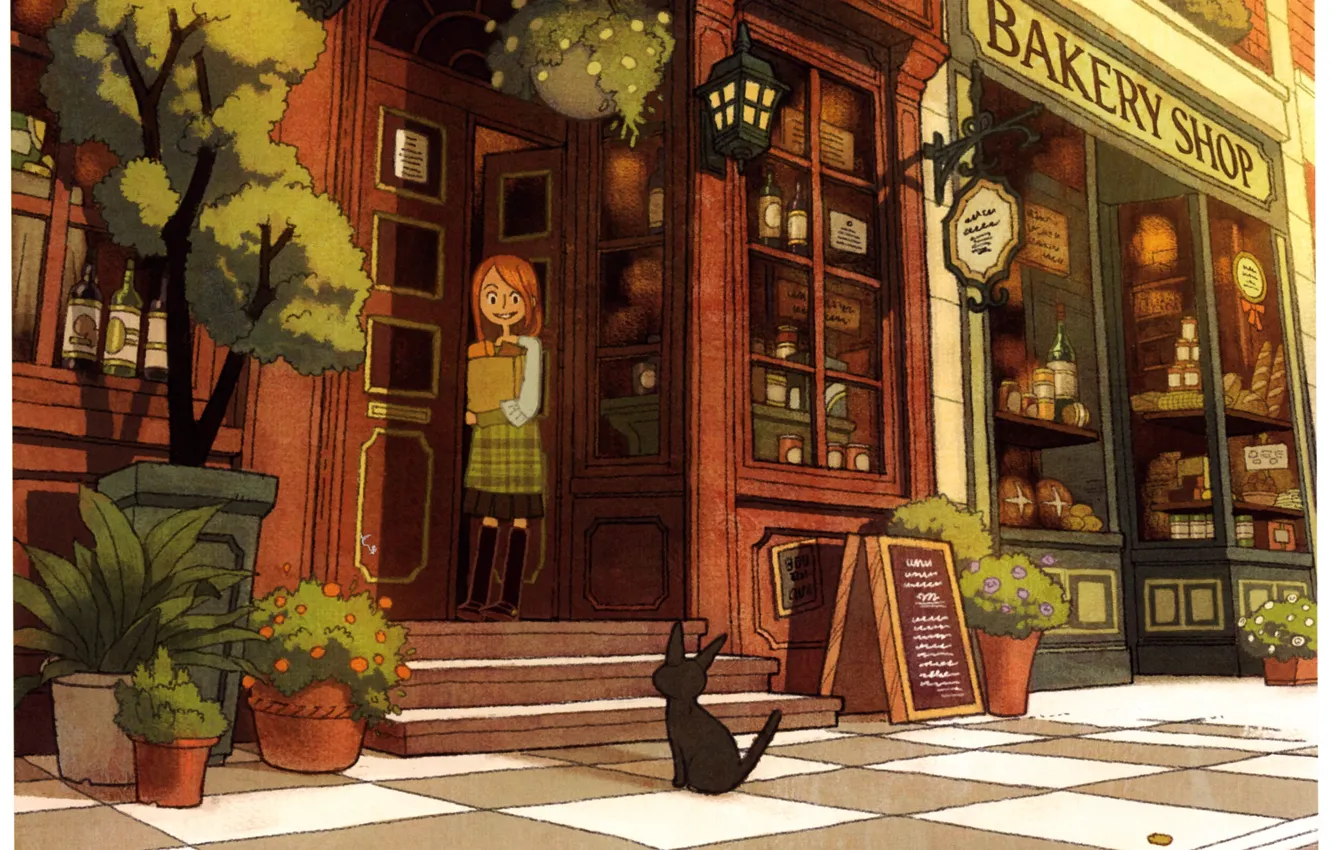 Photo wallpaper cat, street, girl, pots, shop, showcase, Bakeri shop