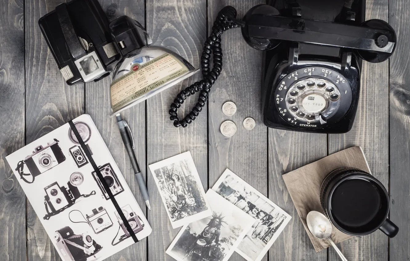 Photo wallpaper camera, coffee, Pictures, coins, Telephone