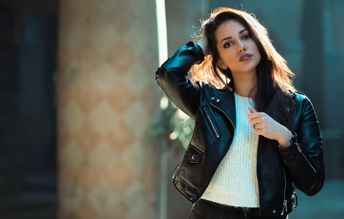 Photo wallpaper face, model, hair, jacket, leather, Carlotta