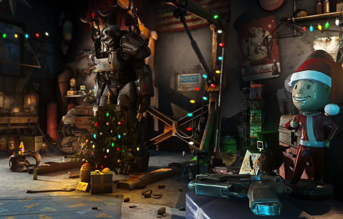 Photo wallpaper The game, Christmas, New year, Weapons, Decoration, Garage, Holiday, Fallout