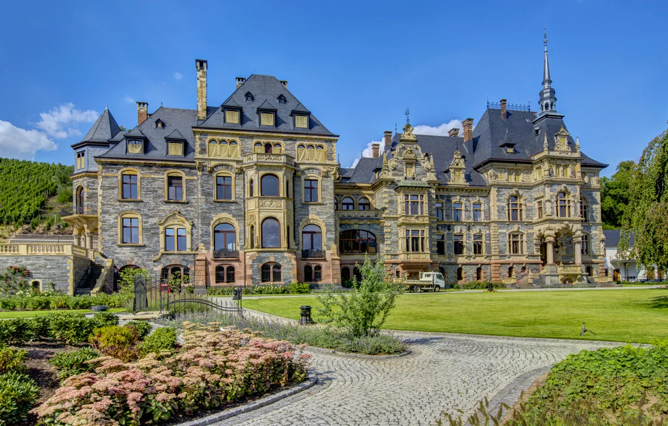 Photo wallpaper castle, lawn, track, Germany, beds, Lieser