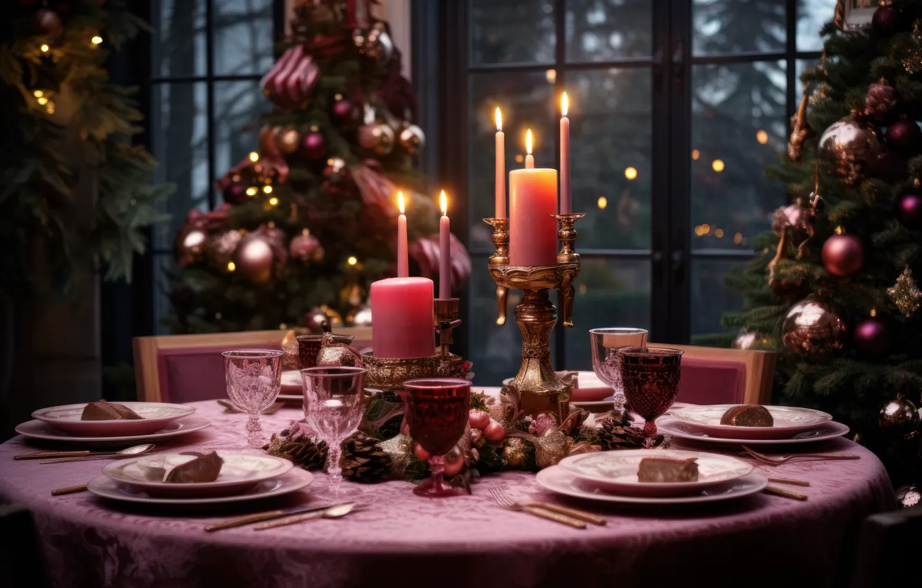 Photo wallpaper balls, glass, new year, food, candles, window, Christmas, herringbone