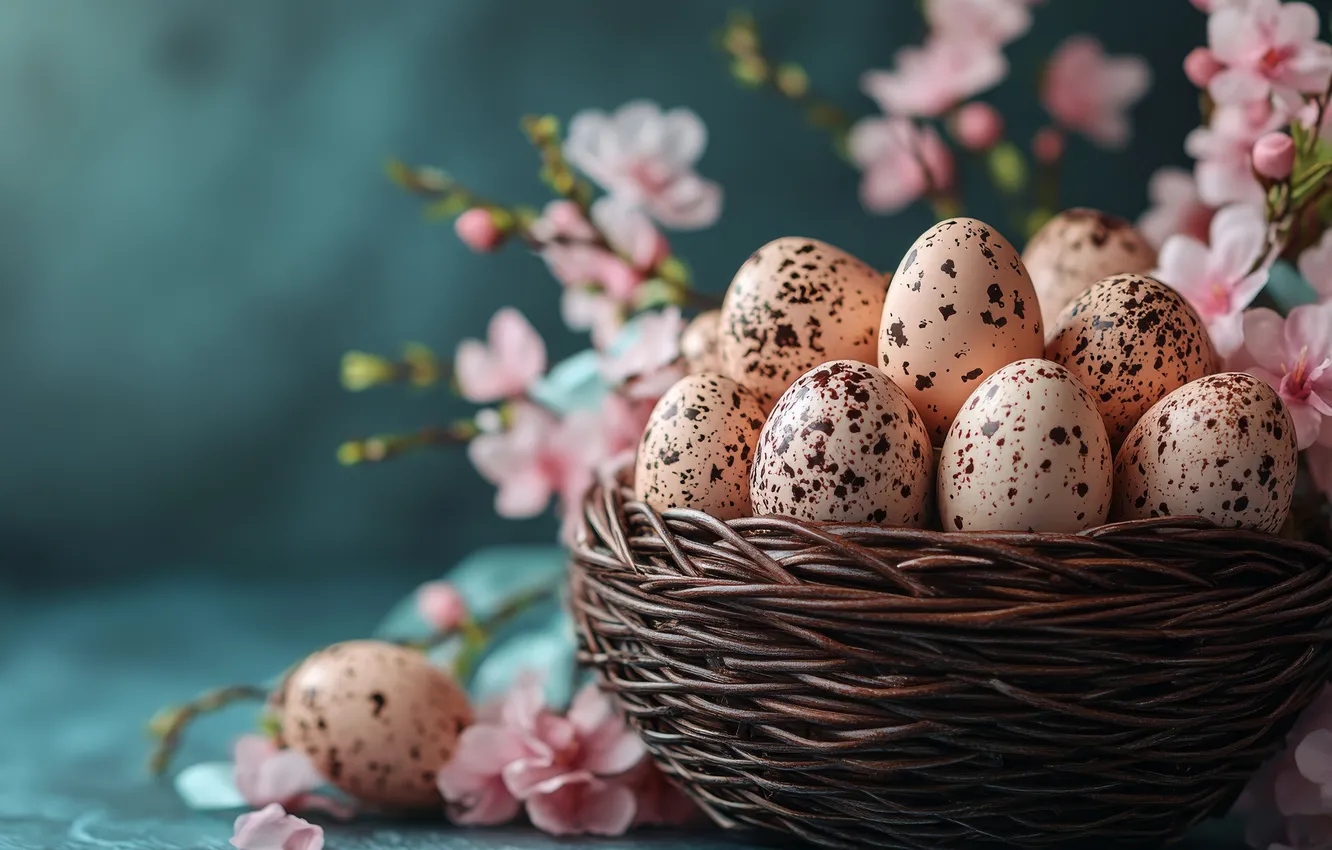 Photo wallpaper flowers, branches, holiday, eggs, spring, Easter, pink, basket