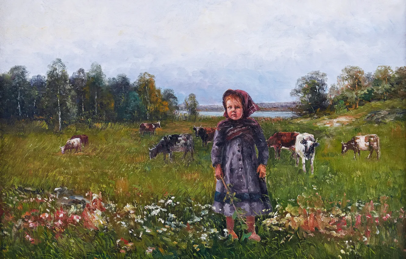 Photo wallpaper Flowers, Grass, Picture, Girl, Cows, Johan Severin Nilsson, Swedish artist, A girl in a pasture …