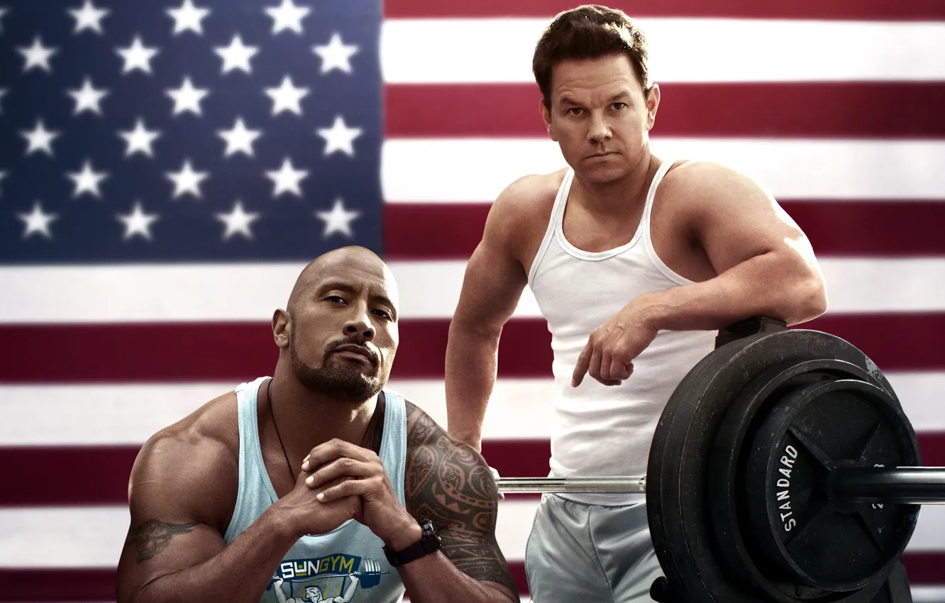 Photo wallpaper flag, America, Mark Wahlberg, Dwayne Johnson, Dwayne Johnson, Mark Wahlberg, Daniel Lugo, Blood and sweat