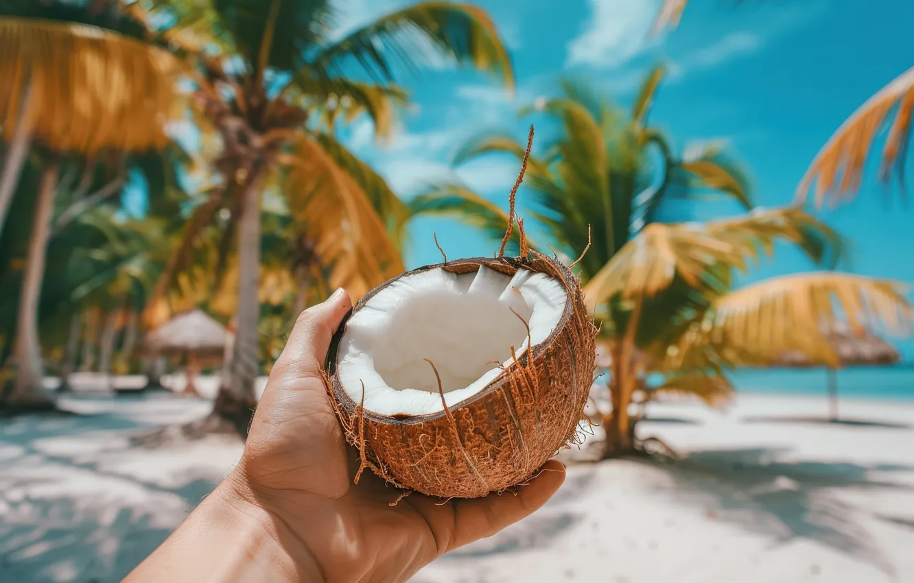 Photo wallpaper sand, sea, beach, the sky, tropics, blue, palm trees, the ocean