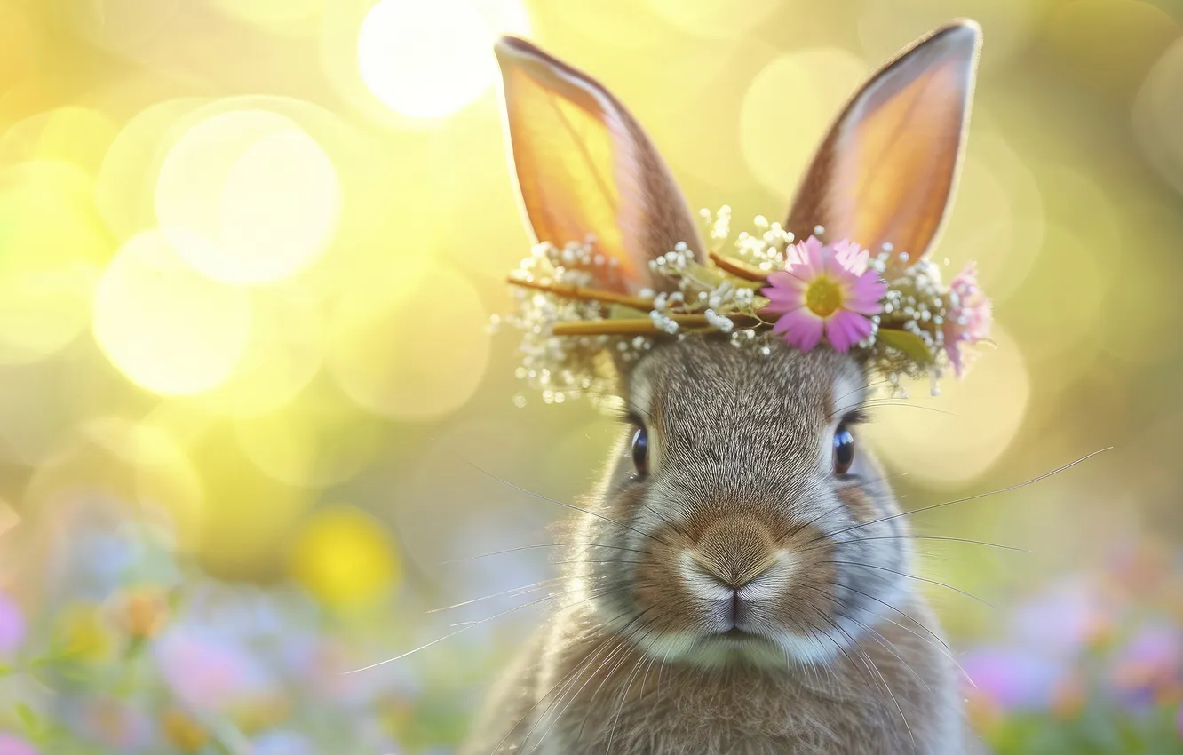 Photo wallpaper holiday, spring, rabbit, Easter, face, wreath, AI art, Easter background
