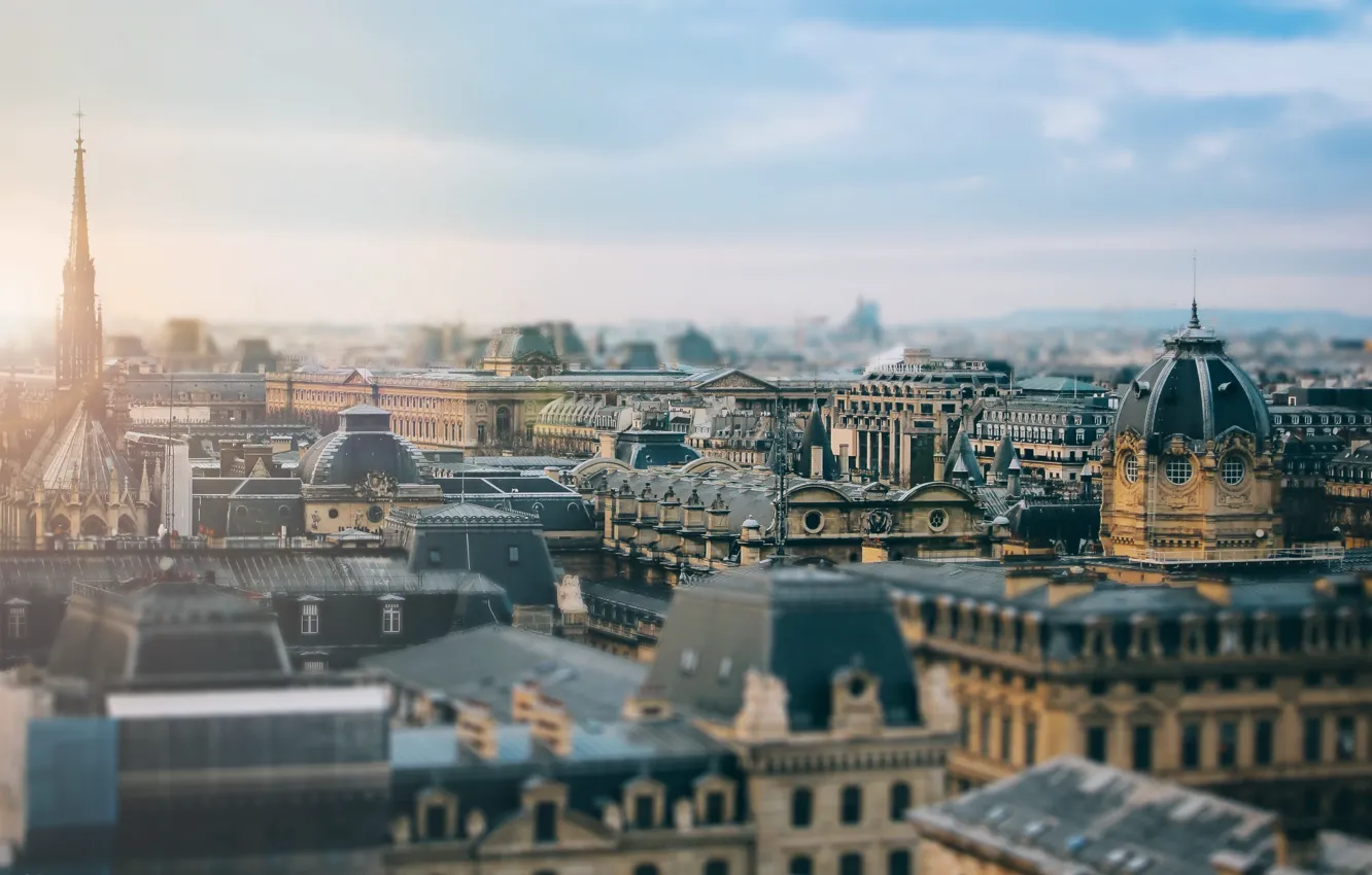 Photo wallpaper the sun, the city, France, Paris, roof, horizon, The District Of Notre-Dame