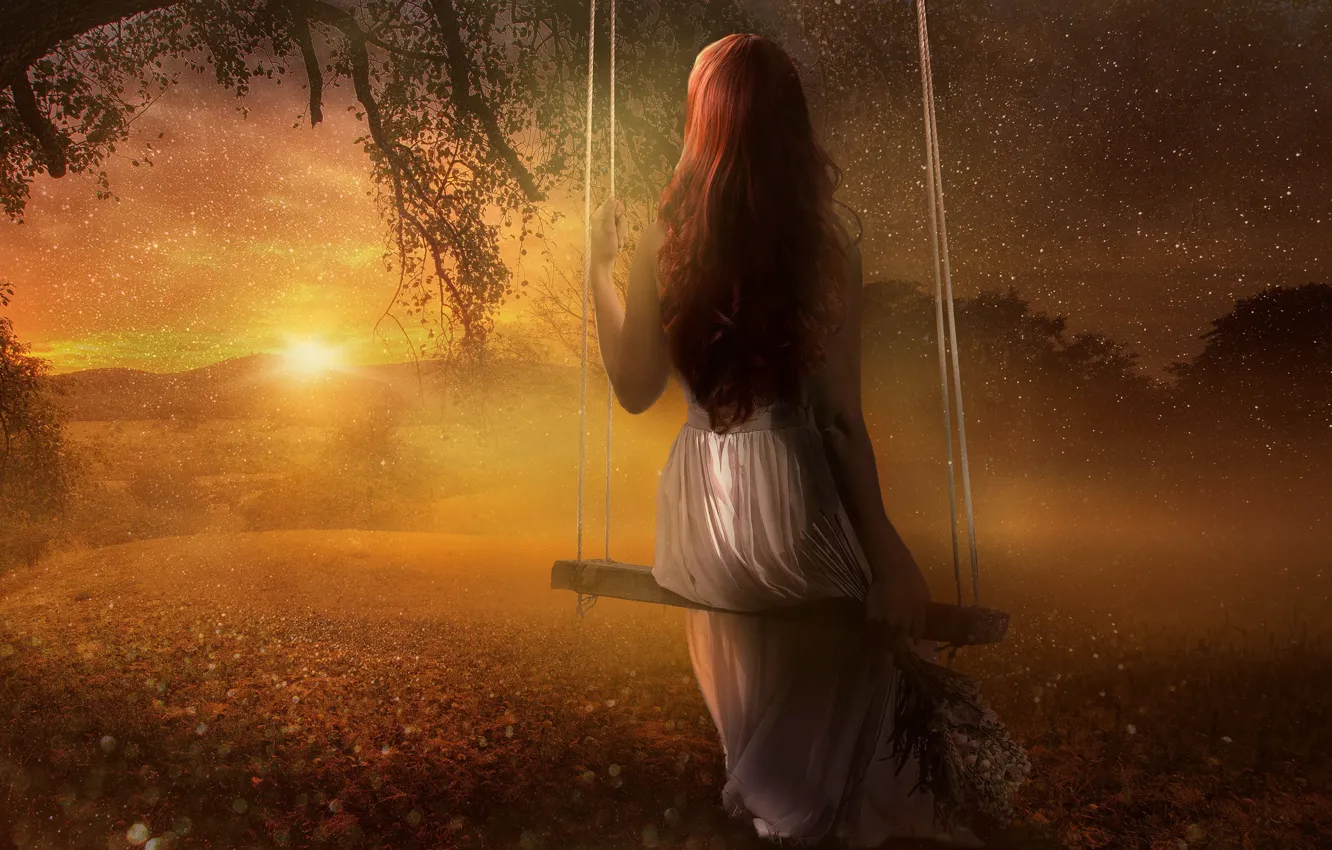 Photo wallpaper summer, the sky, girl, the sun, sunset, flowers, branches, rendering
