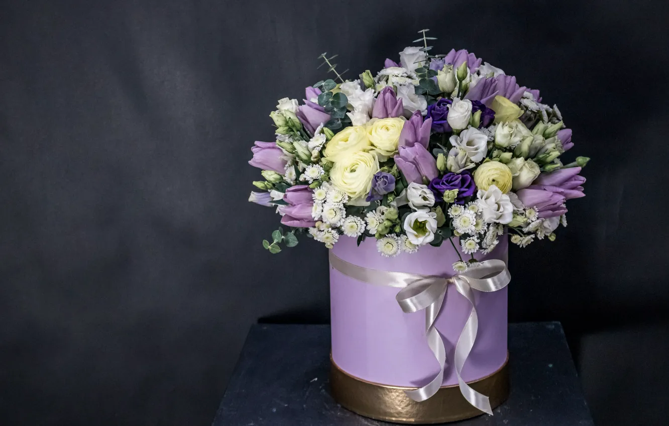 Photo wallpaper flowers, yellow, the dark background, box, roses, bouquet, tulips, white