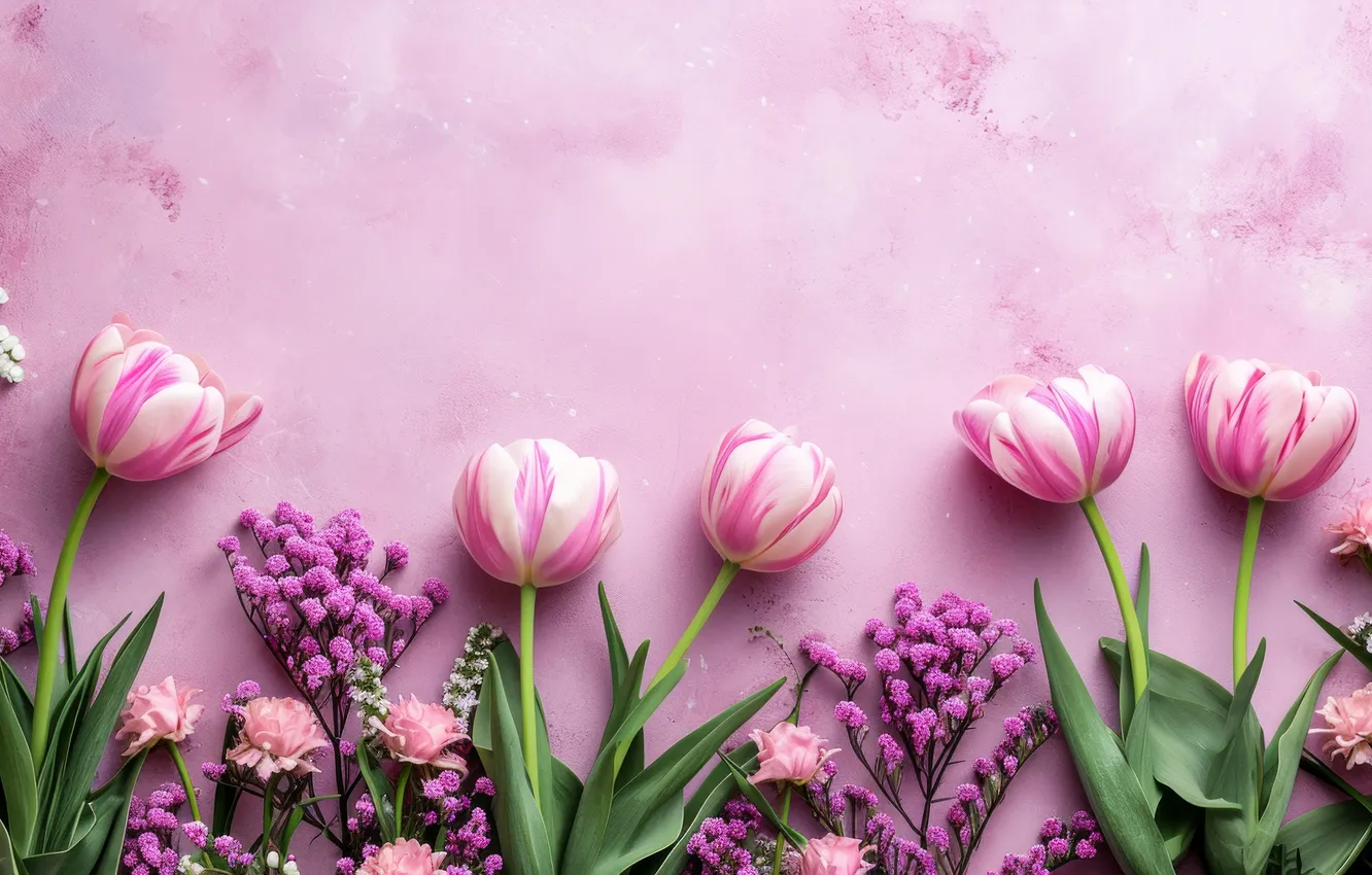 Photo wallpaper flowers, holiday, bouquet, spring, tulips, March 8, AI art, universal holiday background