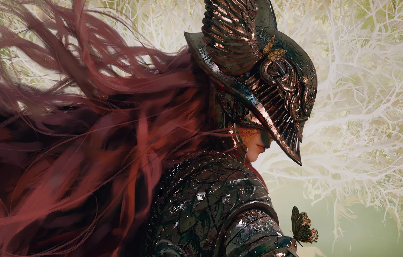 Photo wallpaper fantasy, armor, butterfly, redhead, artist, digital art, artwork, warrior