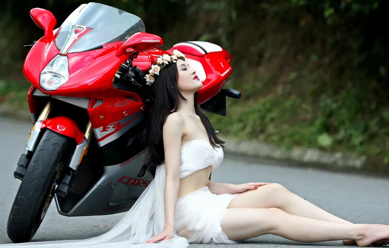 Photo wallpaper girl, street, motorcycle