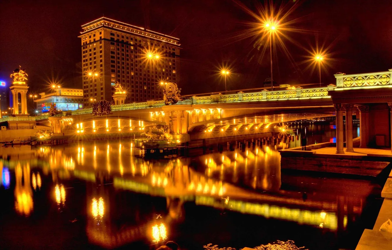 Photo wallpaper night, bridge, the city, lights, reflection, river