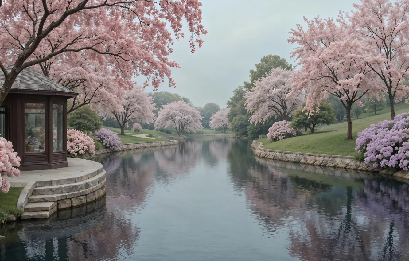 Photo wallpaper trees, Park, river, spring, Sakura, flowering, river, trees