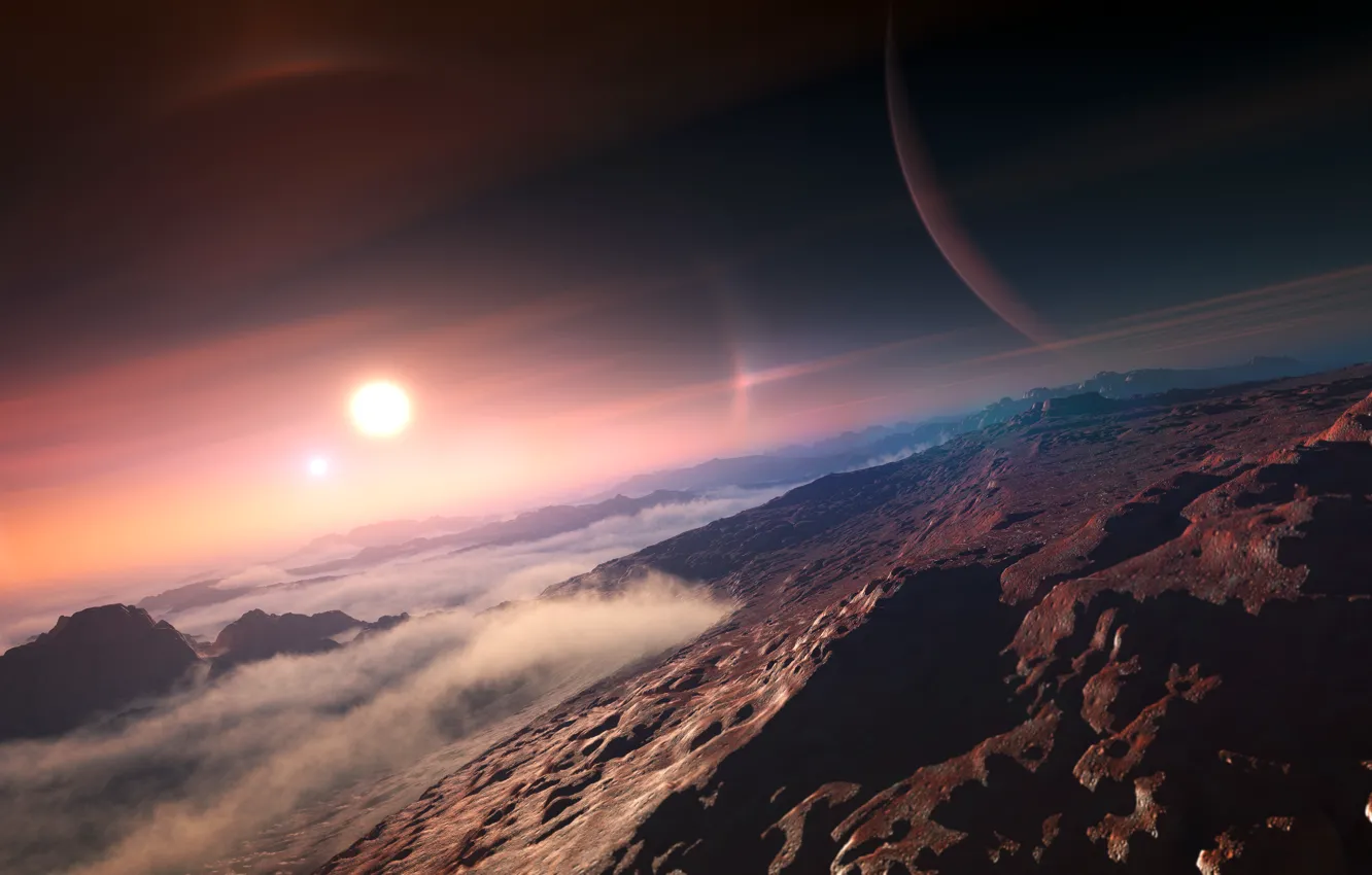 Photo wallpaper the sun, clouds, mountains, Exoplanet