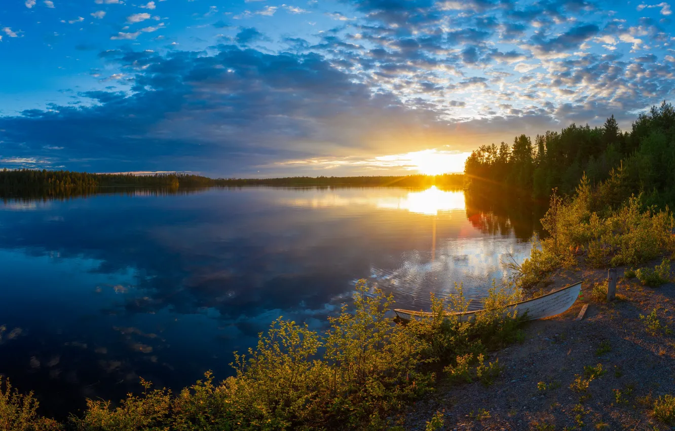 Photo wallpaper the sun, clouds, landscape, river, Finland, Finland