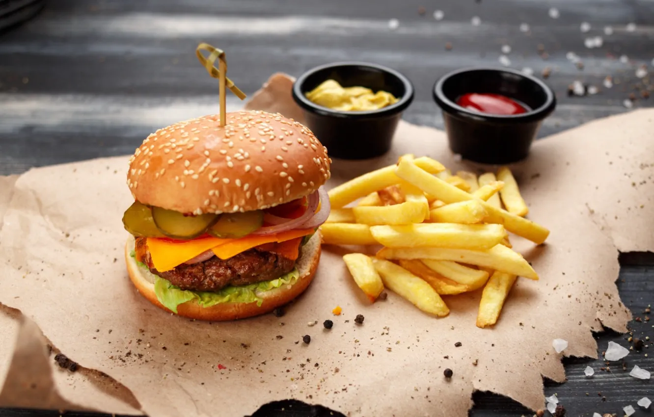 Photo wallpaper hamburger, French fries, sauces