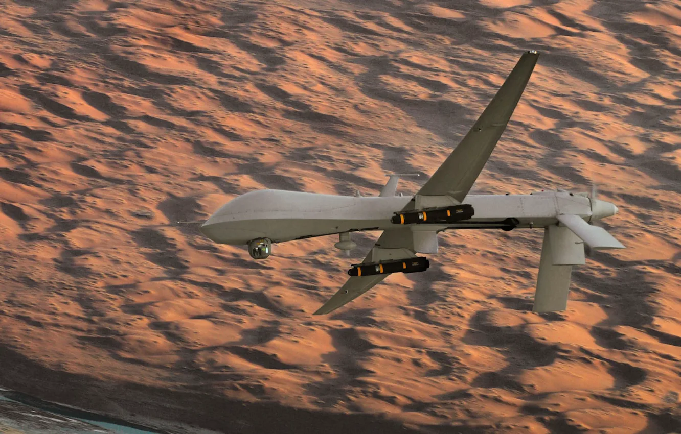 Photo wallpaper predator, rocket, Predator, MQ-1, Hellfire, General Atomics, UAV, American multi-purpose unmanned aerial vehicle