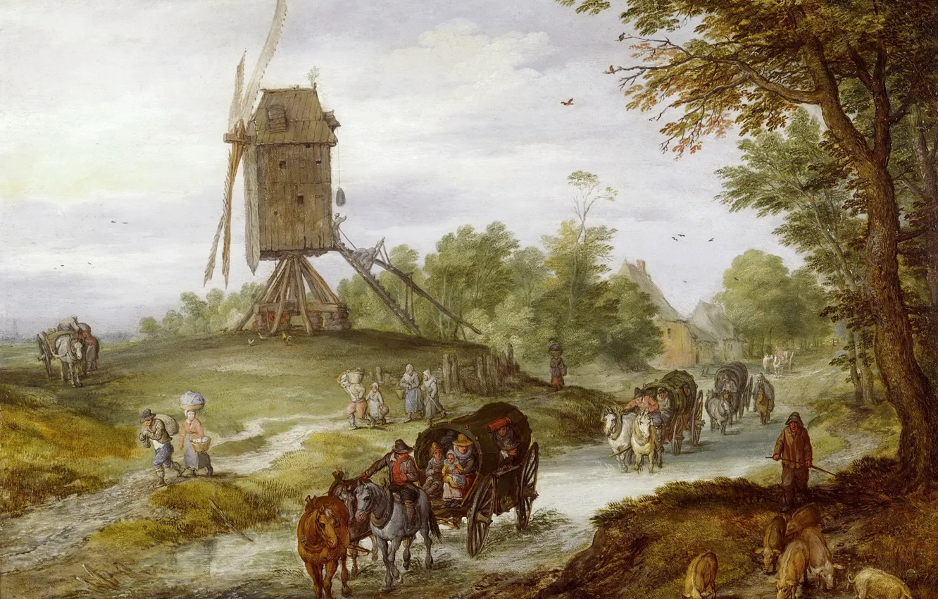 Photo wallpaper road, people, picture, wagon, Jan Brueghel the elder, Landscape with a Windmill