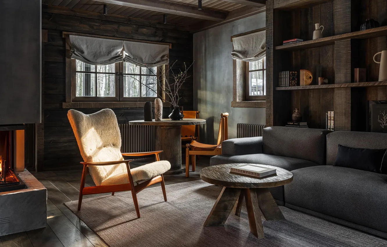 Photo wallpaper design, style, interior, fireplace, living room, dining room, country house, stone and wood