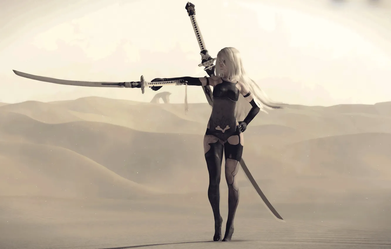 Photo wallpaper girl, desert, sword, katana, cyborg, Nier Automata