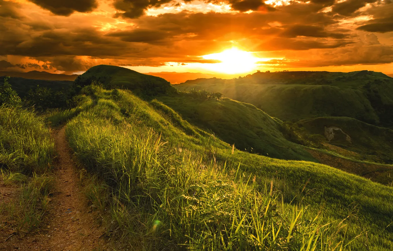 Photo wallpaper grass, clouds, landscape, sunset, nature, trail, Arakan North Cotabato Philippines