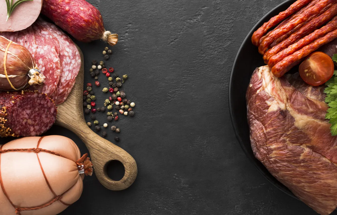 Photo wallpaper meat, pepper, grey background, tomatoes, parsley, sausage, cutting, spices