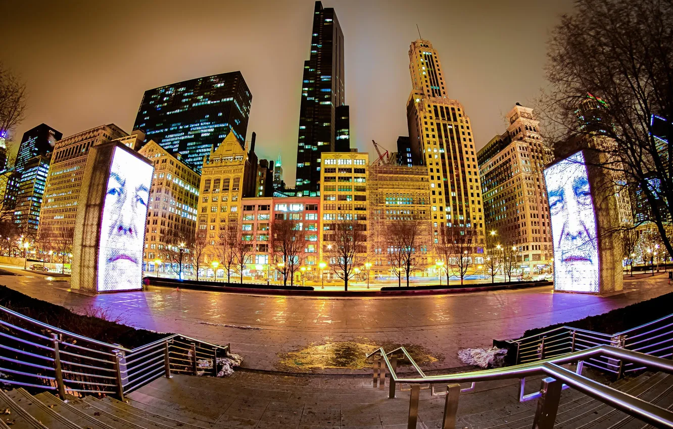 Photo wallpaper night, the city, lights, skyscrapers, Chicago, Illinois