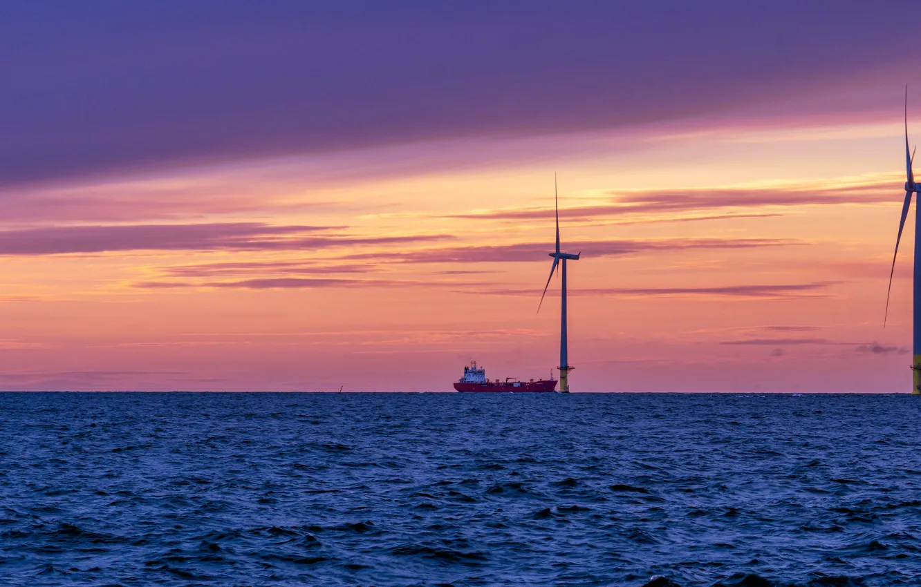 Photo wallpaper sea, sunset, ship, windmills, Finland, Finland, windmills, Bothnian Sea