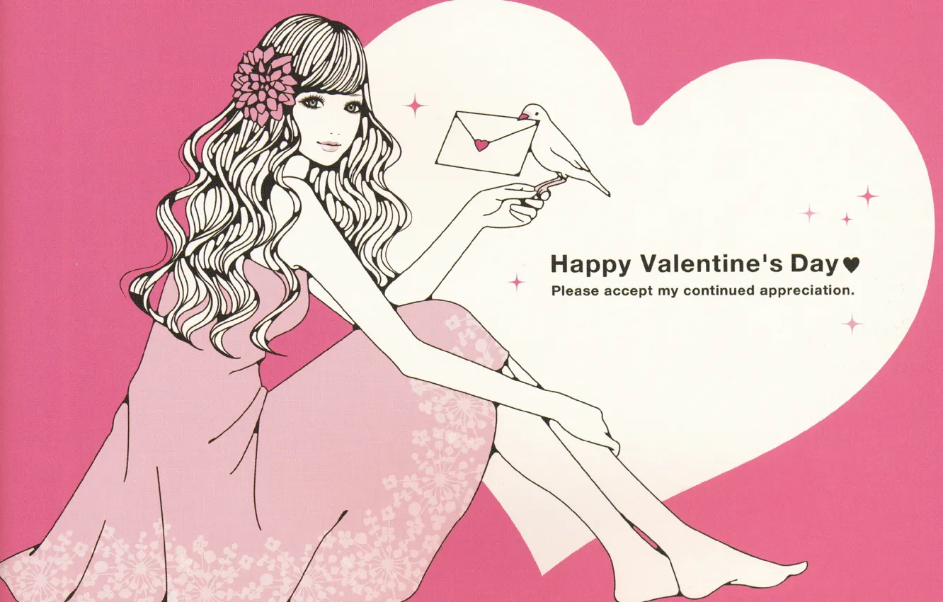 Photo wallpaper letter, pigeons, hearts, pink background, valentine's day, flower in hair, pink dress, curly hair