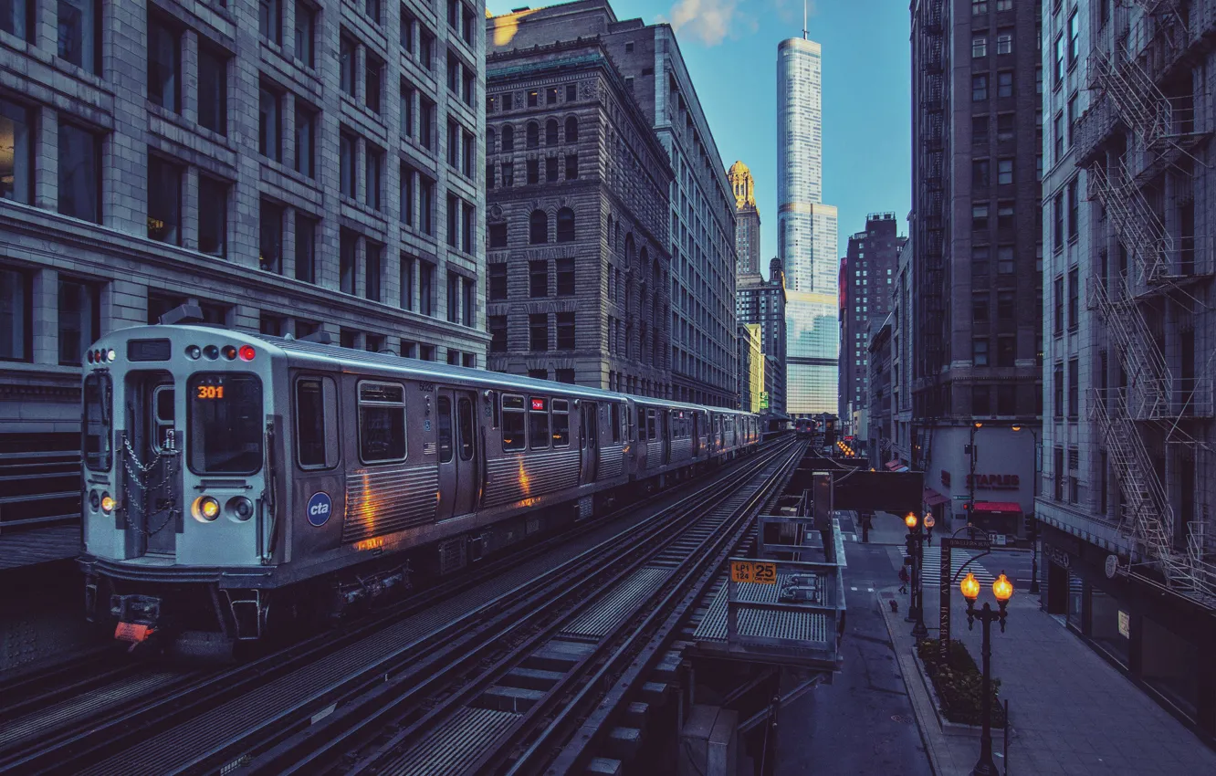 Photo wallpaper the city, train, skyscrapers, morning, Chicago, lights, Illinois