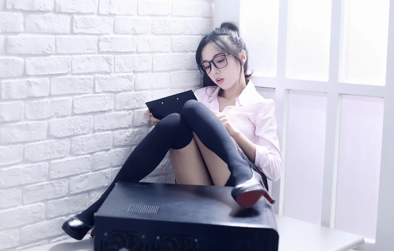 Photo wallpaper girl, legs, stockings, model, pretty, asian, glasses