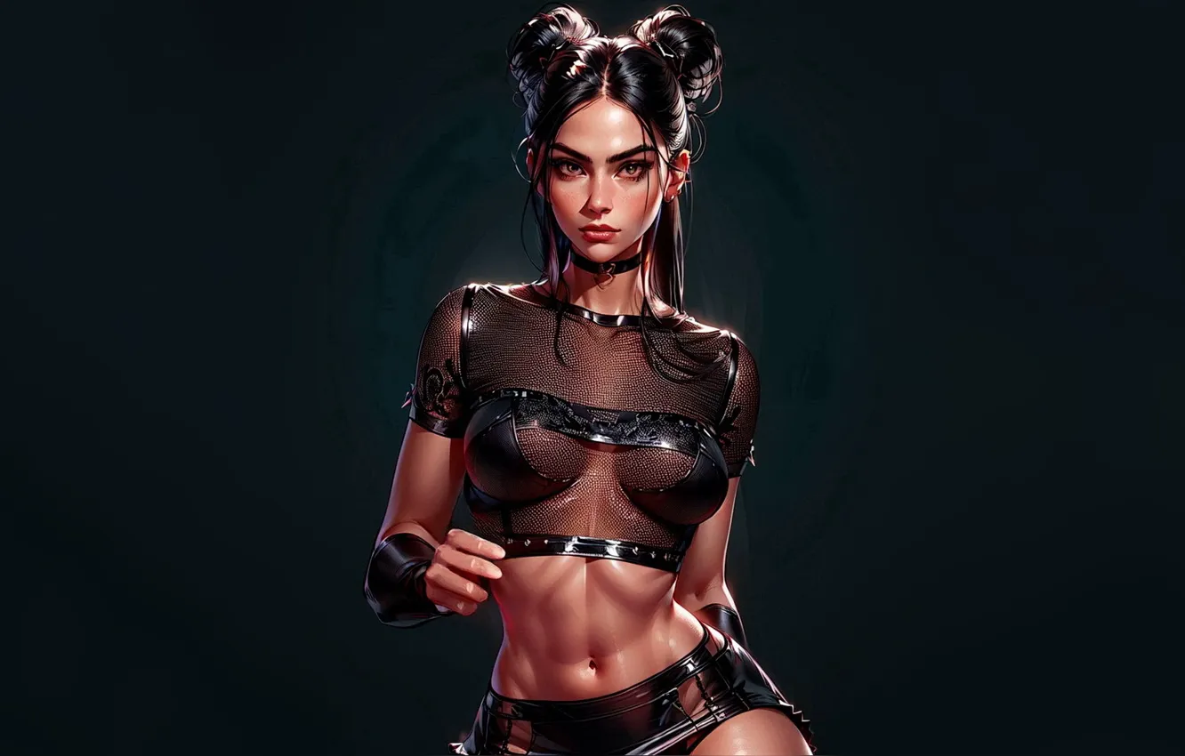 Photo wallpaper girls, pose, skirt, tank top, hairdo, a look, Backdrop, neural network